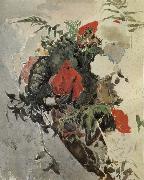Mikhail Vrubel Red Flowers and Begonia Leaves in a basket Sweden oil painting reproduction